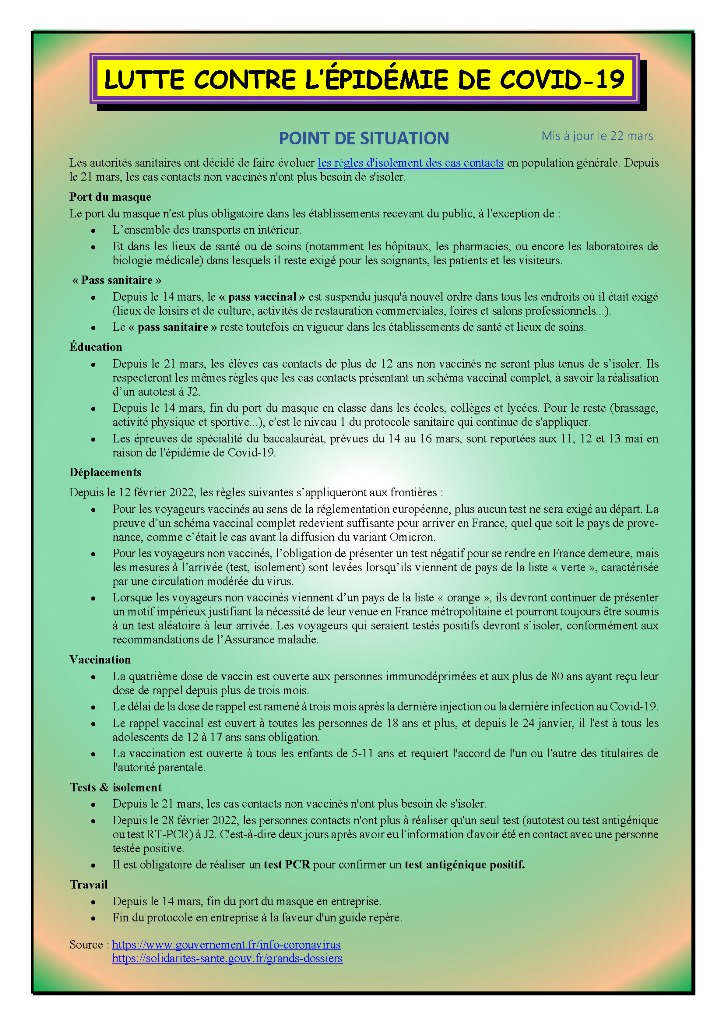 COVID-19 : Point au 22/03/2022